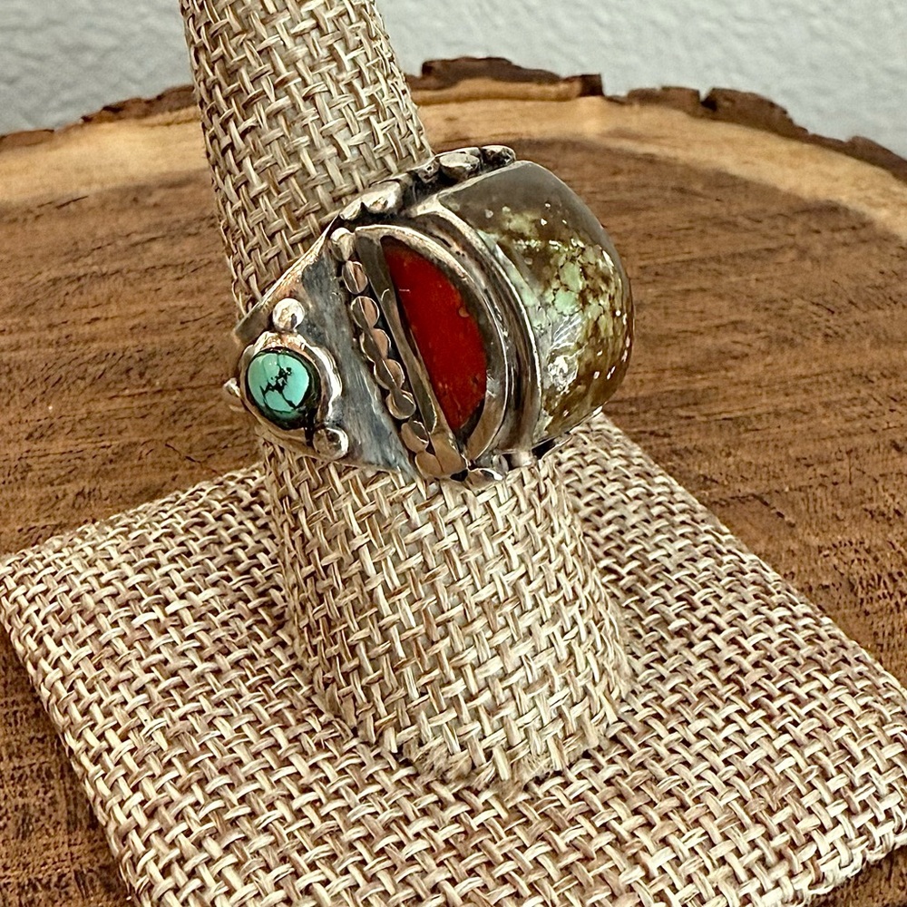 Vintage Turquoise and Coral and Sterling Silver Statement Ring